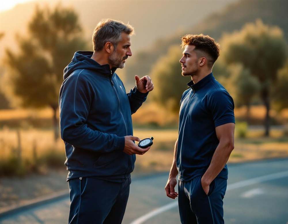 Coach con stopwatch durante allenamento di un atleta giovane